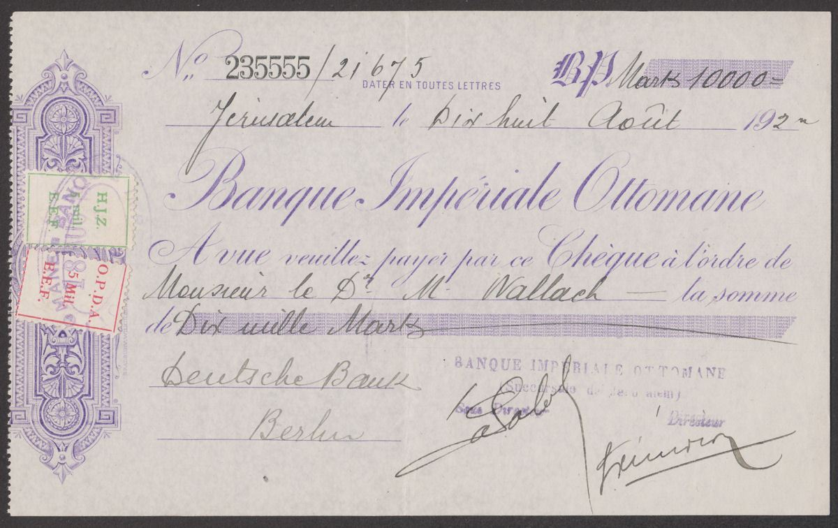 Palestine c1923 Revenue OPDA EEF 5m, HJZ EEF 5m Used on Ottoman Bank Cheque
