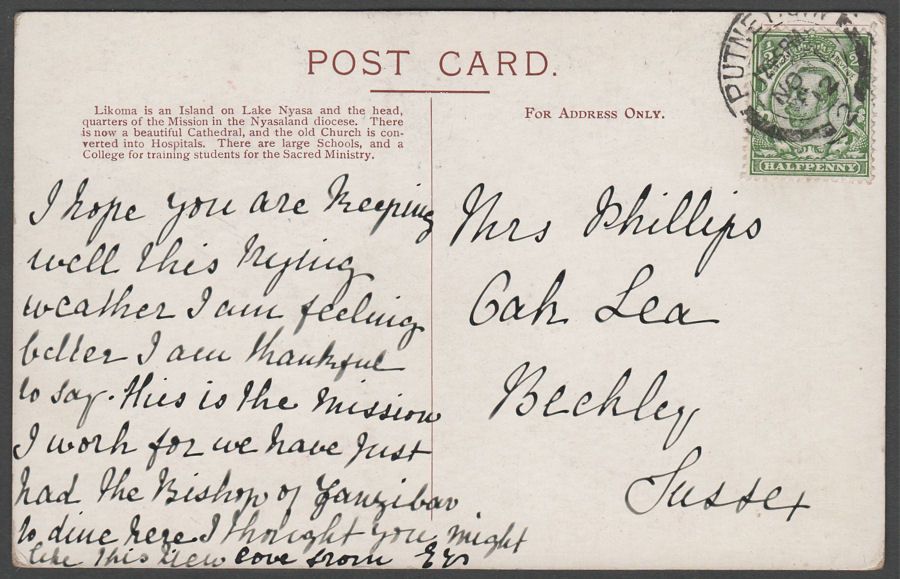 Nyasaland University Cent Africa Mission 1912 Postcard Used