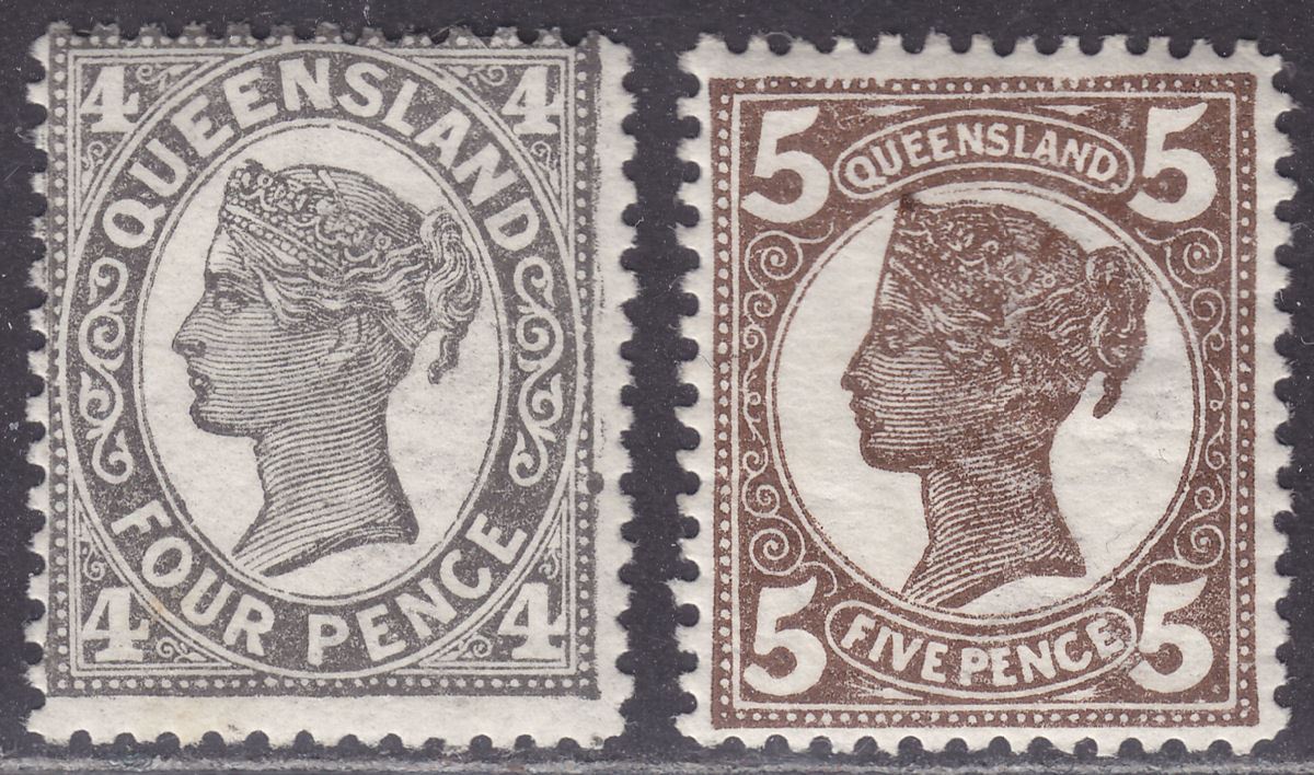 Queensland 1907-09 Queen Victoria 4d Grey-Black Die II, 5d Dull Brown Mint 