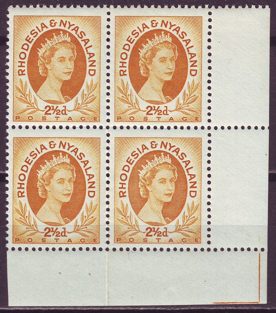 Rhodesia & Nyasaland 1956 2½d Ochre Corner Block of 4 Mint SG3a