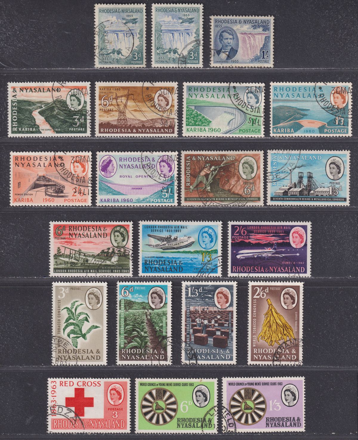 Rhodesia & Nyasaland 1955-63 QEII Used Selection inc Kariba, Mining, Tobacco