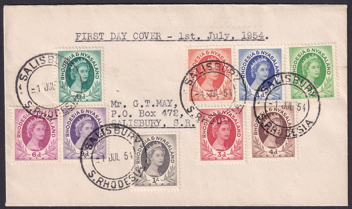 Rhodesia & Nyasaland 1954 QEII Set to 1sh Used on First Day Cover