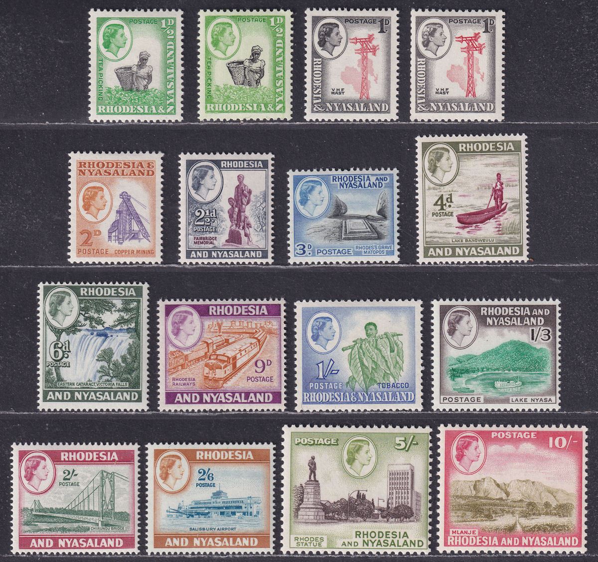 Rhodesia & Nyasaland 1959 QEII Short Set to 10sh Mint SG18-30 cat £90