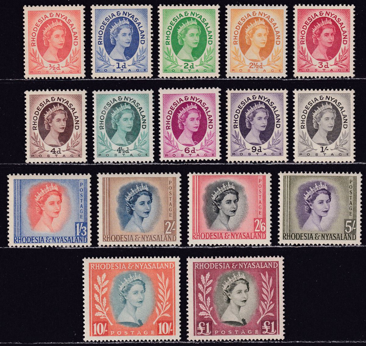 Rhodesia and Nyasaland 1954 Queen Elizabeth II Set Mint SG1-15 cat £120