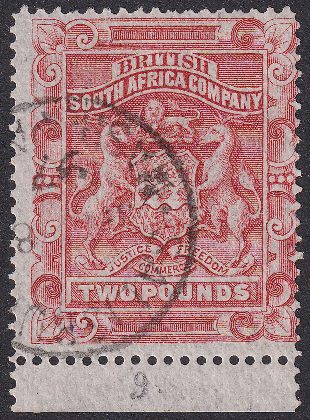 Rhodesia 1892 QV BSAC First Arms £2 Rose-Red perf 14 CTO Used SG11 cat £180