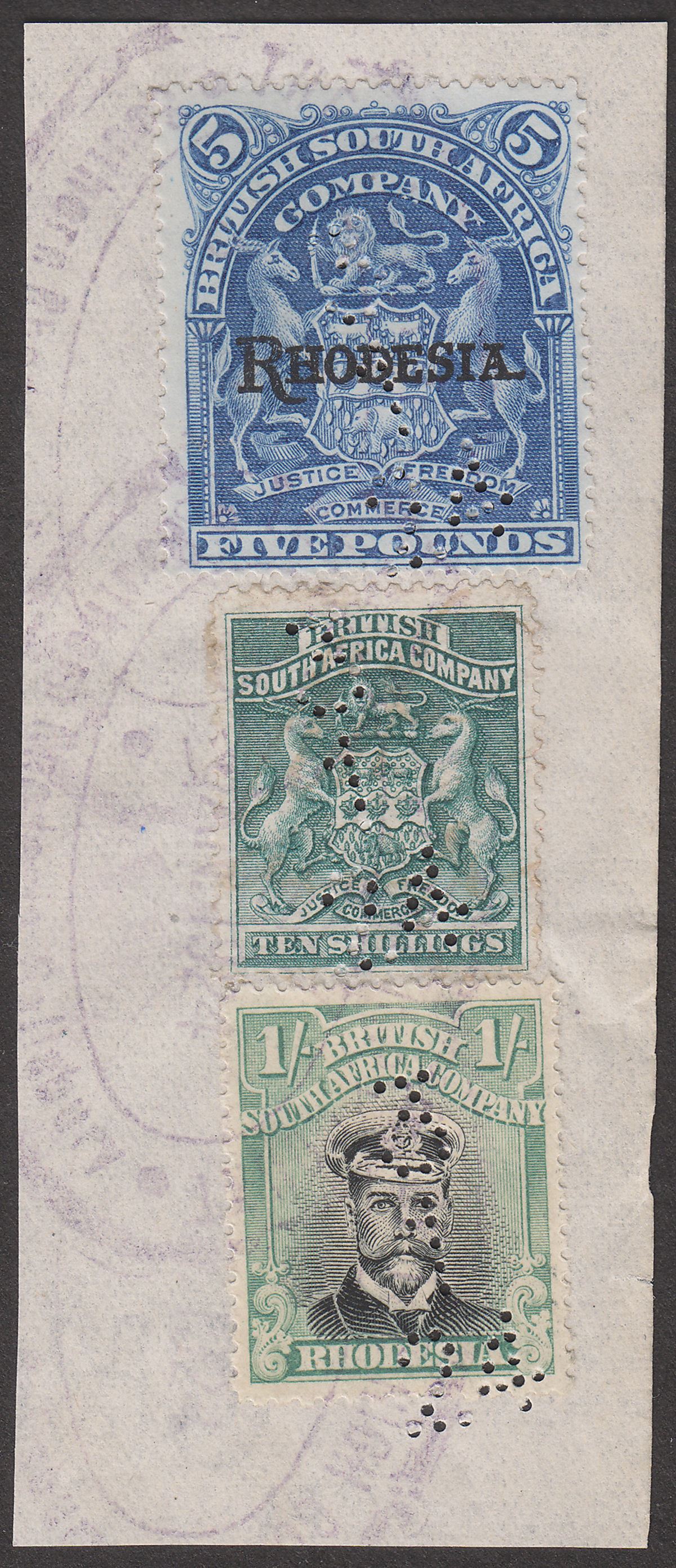 Rhodesia 1924 KGV RHODESIA Opt £5, 10sh, Admiral 1sh Fiscal Used on Piece