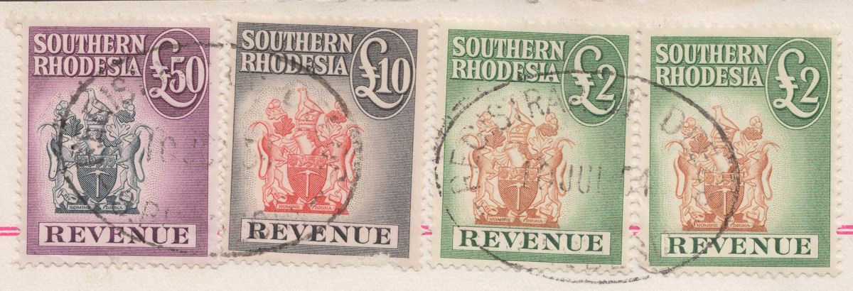 Southern Rhodesia 1954 QEII Revenue £50 £10 £2 x2 Used on Deed Transfer Document
