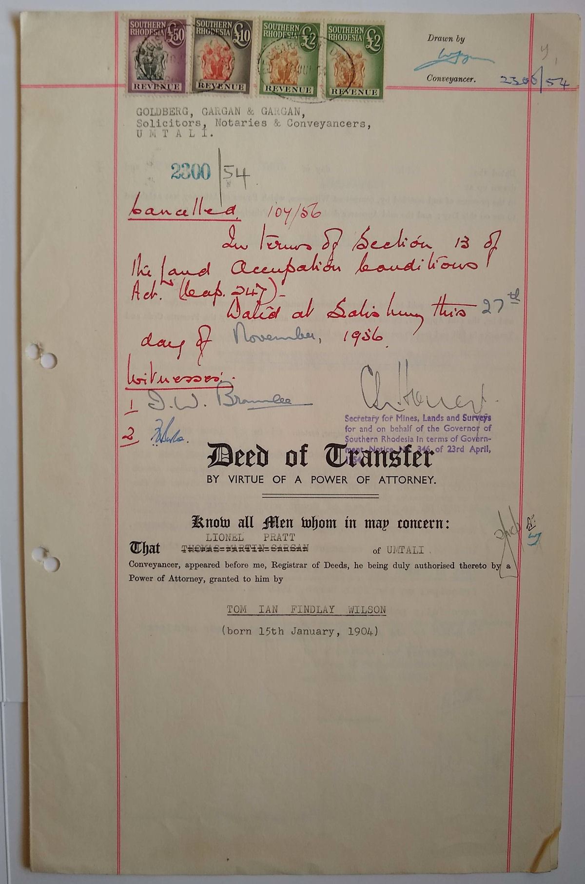 Southern Rhodesia 1954 QEII Revenue £50 £10 £2 x2 Used on Deed Transfer Document