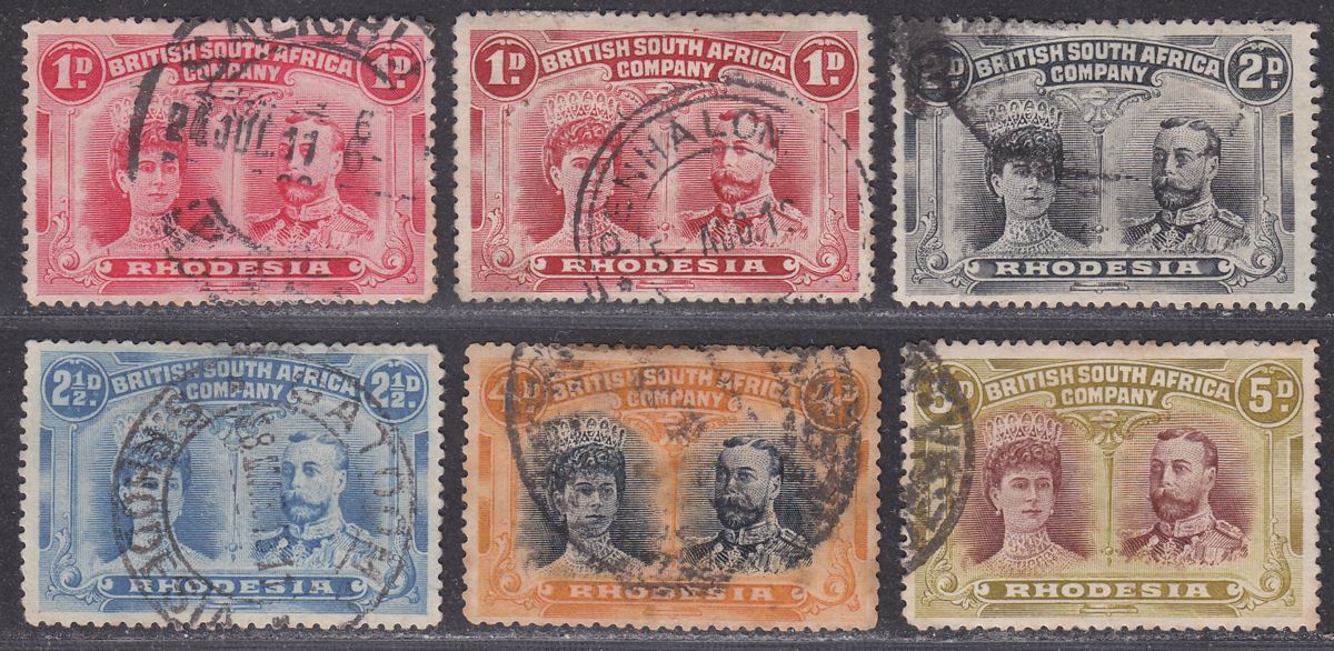 Rhodesia 1910 KGV Double Head Selection to 5d Used with faults