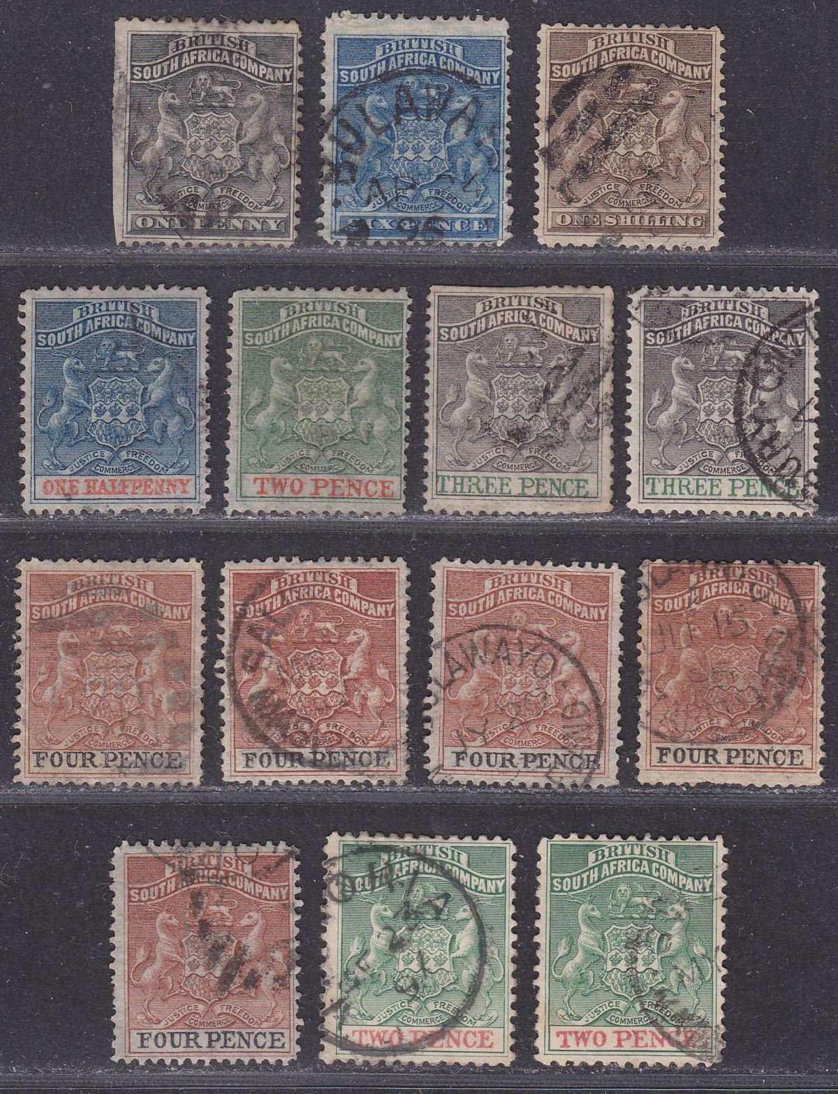 Rhodesia BSAC 1892-95 QV Small Arms Selection to 1sh Used inc 2d perf 12½
