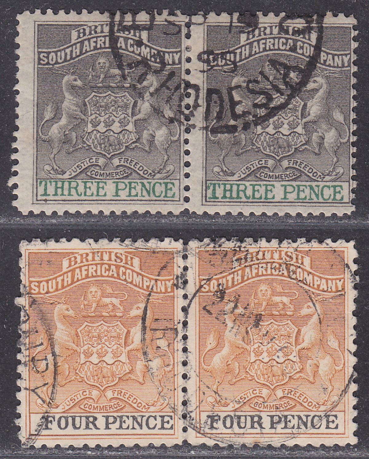 Rhodesia 1892-95 Small Arms 3d perf 14, 4d perf 12½ Pairs Used with faults