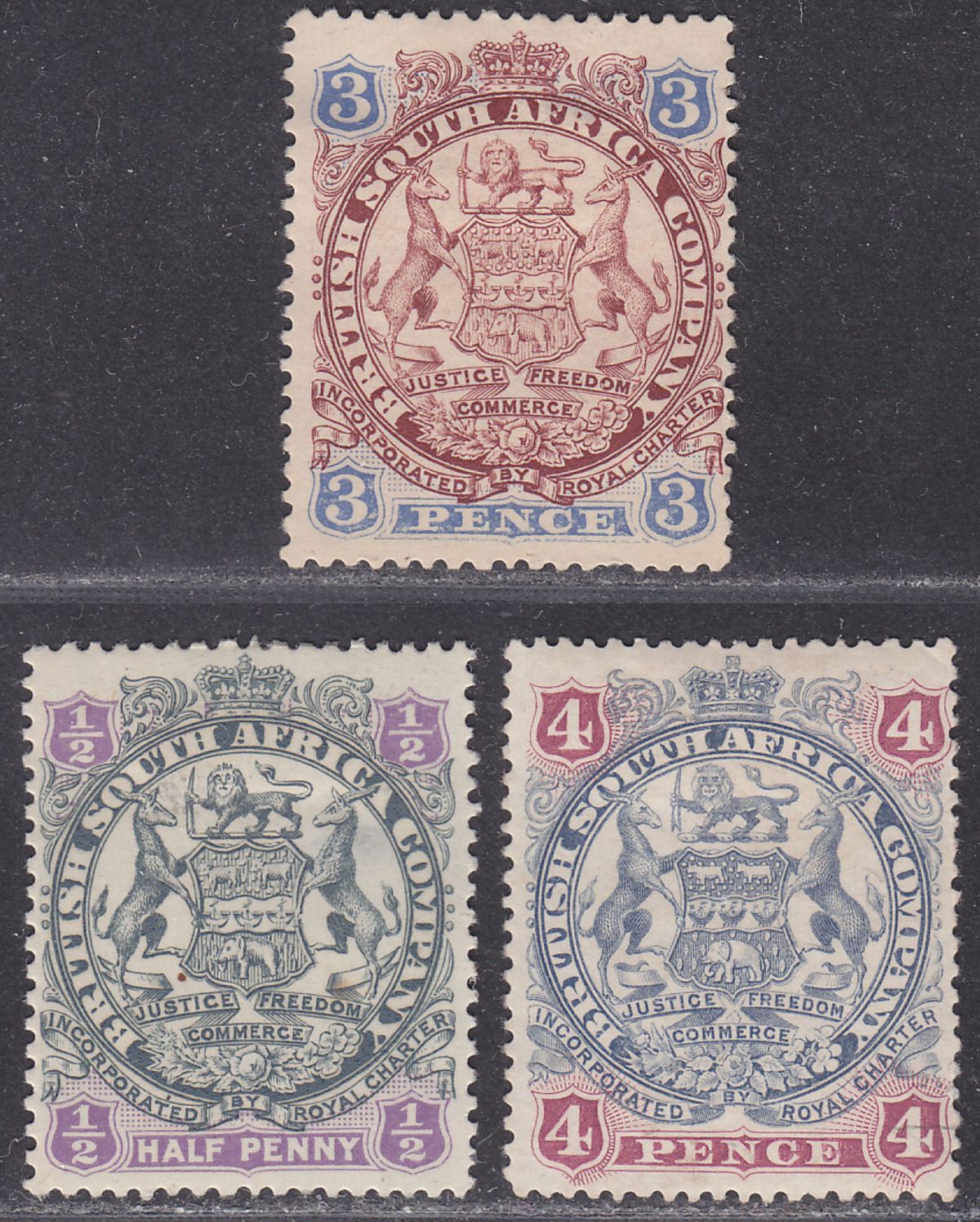 Rhodesia 1896 QV BSAC Large Arms 3d Die I and ½d, 4d Die II Mint faults