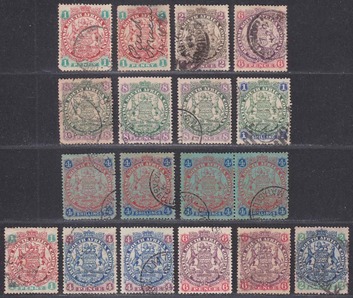 Rhodesia 1896-97 QV BSAC Large Arms Selection to 4sh Used