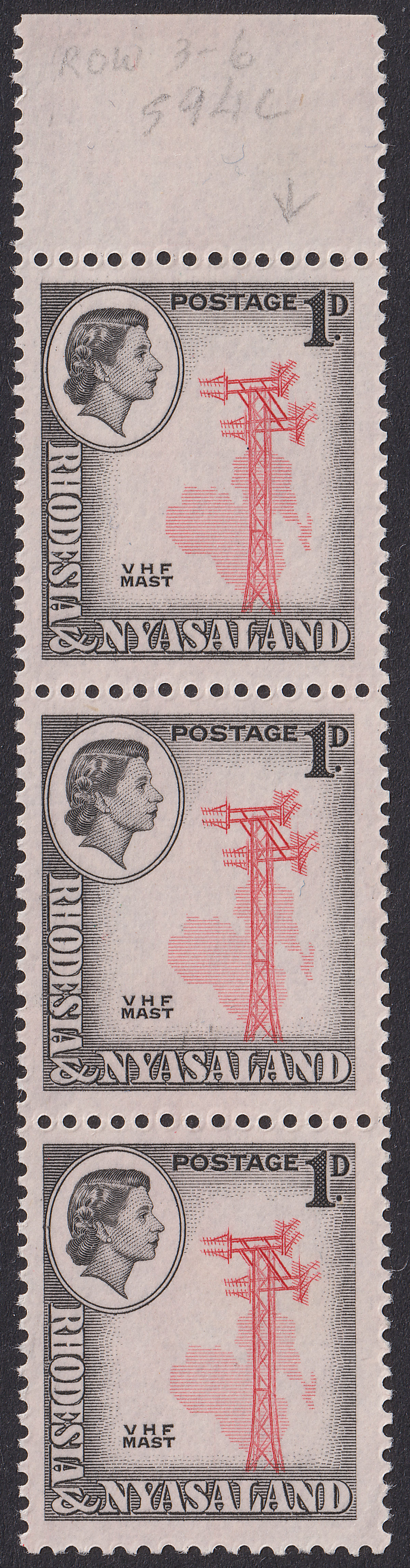 Rhodesia & Nyasaland 1959 QEII 1d Strip with Pylon re-entry Mint SG19aa cat £22