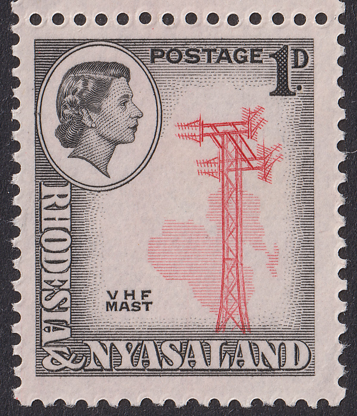 Rhodesia & Nyasaland 1959 QEII 1d Strip with Pylon re-entry Mint SG19aa cat £22