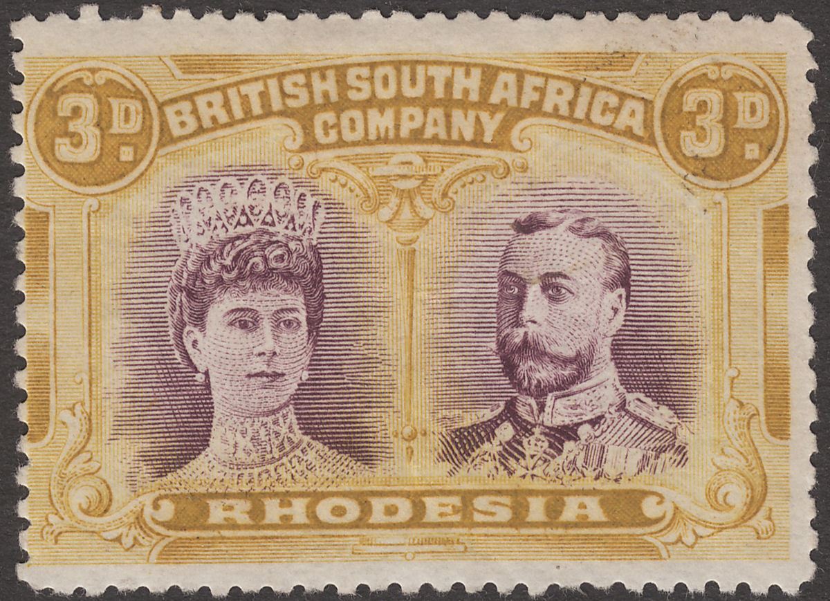 Rhodesia 1910 KGV Double Head 3d Brown-Purple and Ochre Mint SG134