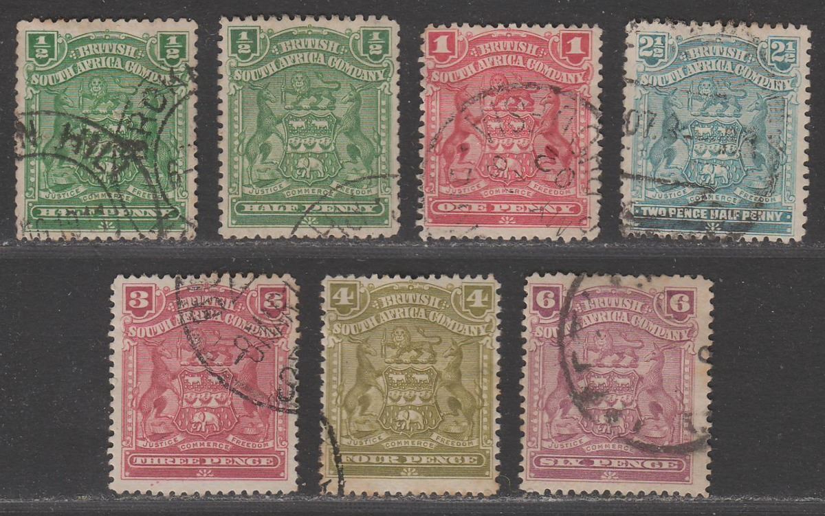 Rhodesia 1898 QV BSAC Mono Arms Part Set to 6d Used with tone spots
