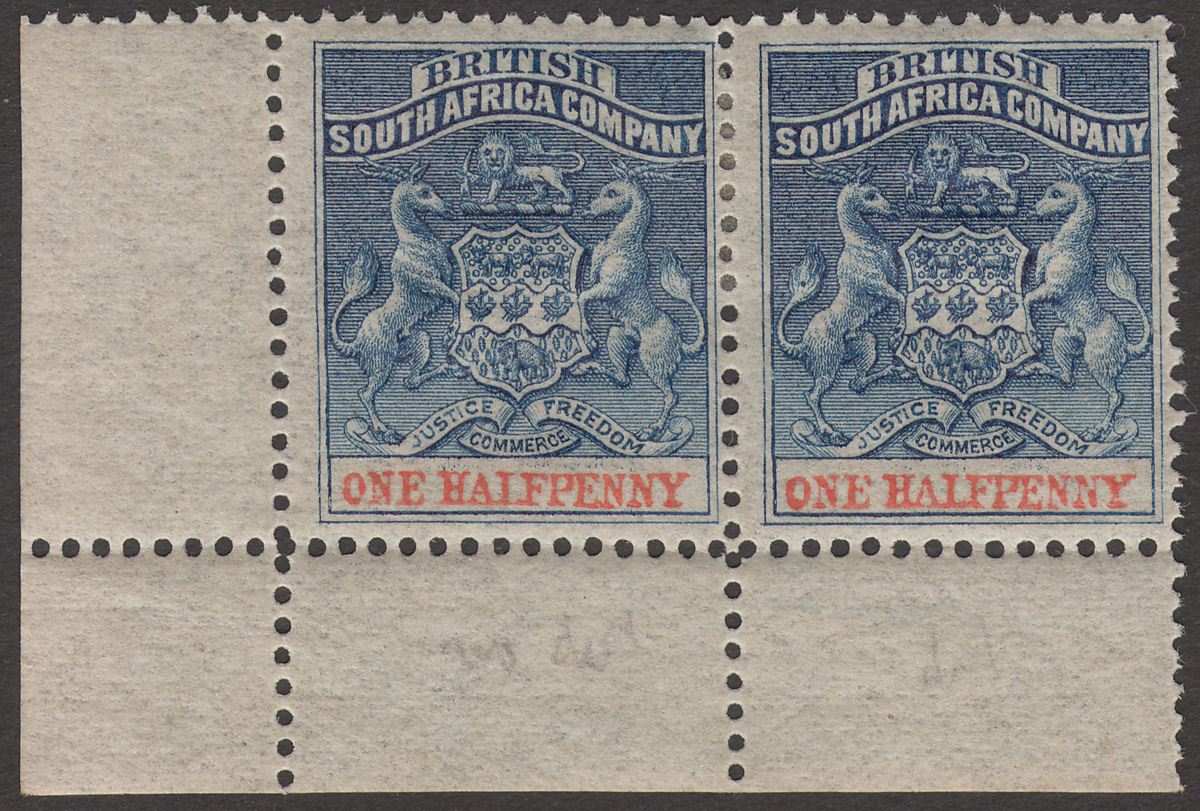 Rhodesia 1893 QV BSAC Small Arms ½d Deep Blue and Vermilion Pair Mint SG19