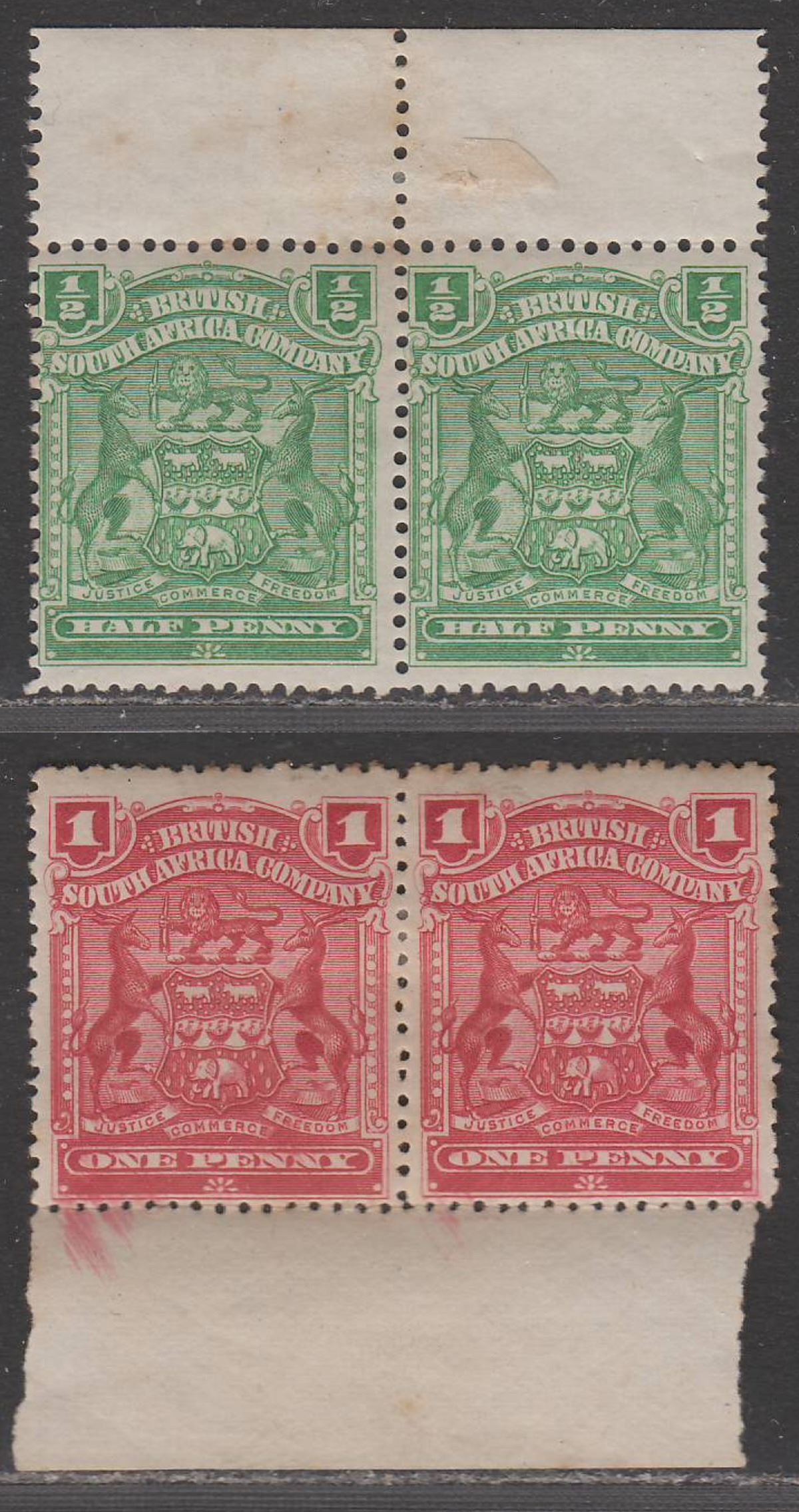 Rhodesia 1898-1904 QV BSAC Mono Arms ½d Yellow-Green, 1d Rose Pairs Mint