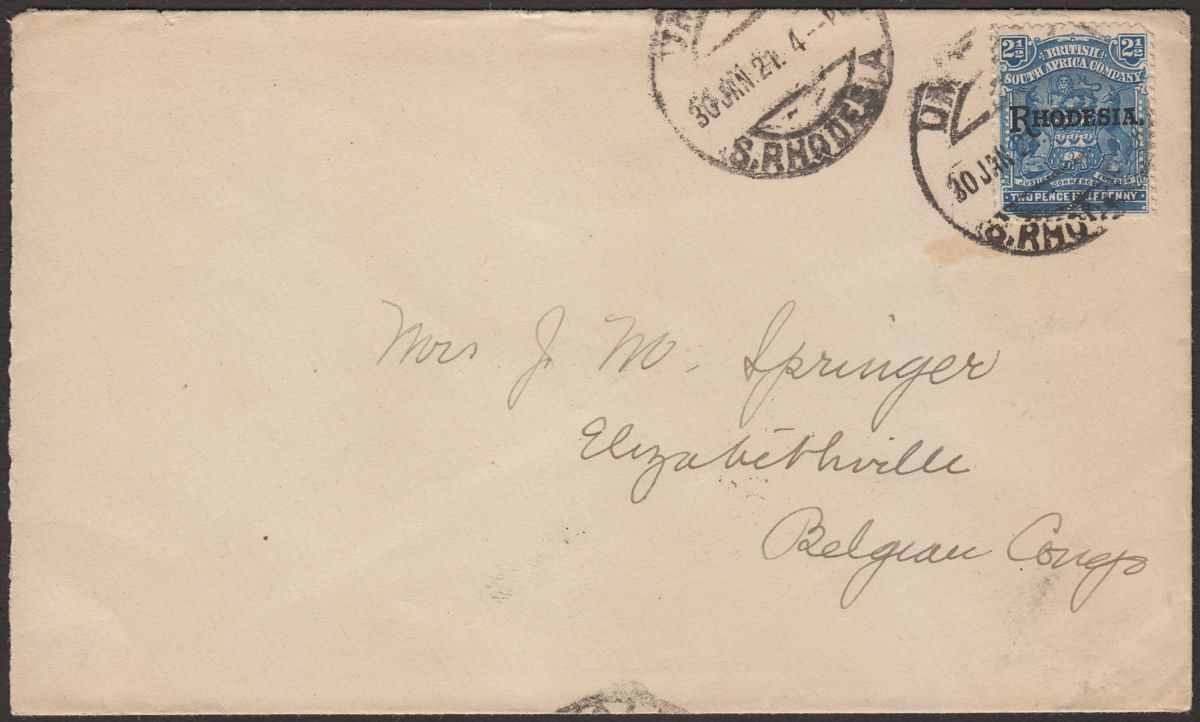 Rhodesia 1921 KEVII 2½d Overprint Used on Cover Umtali to Belgian Congo