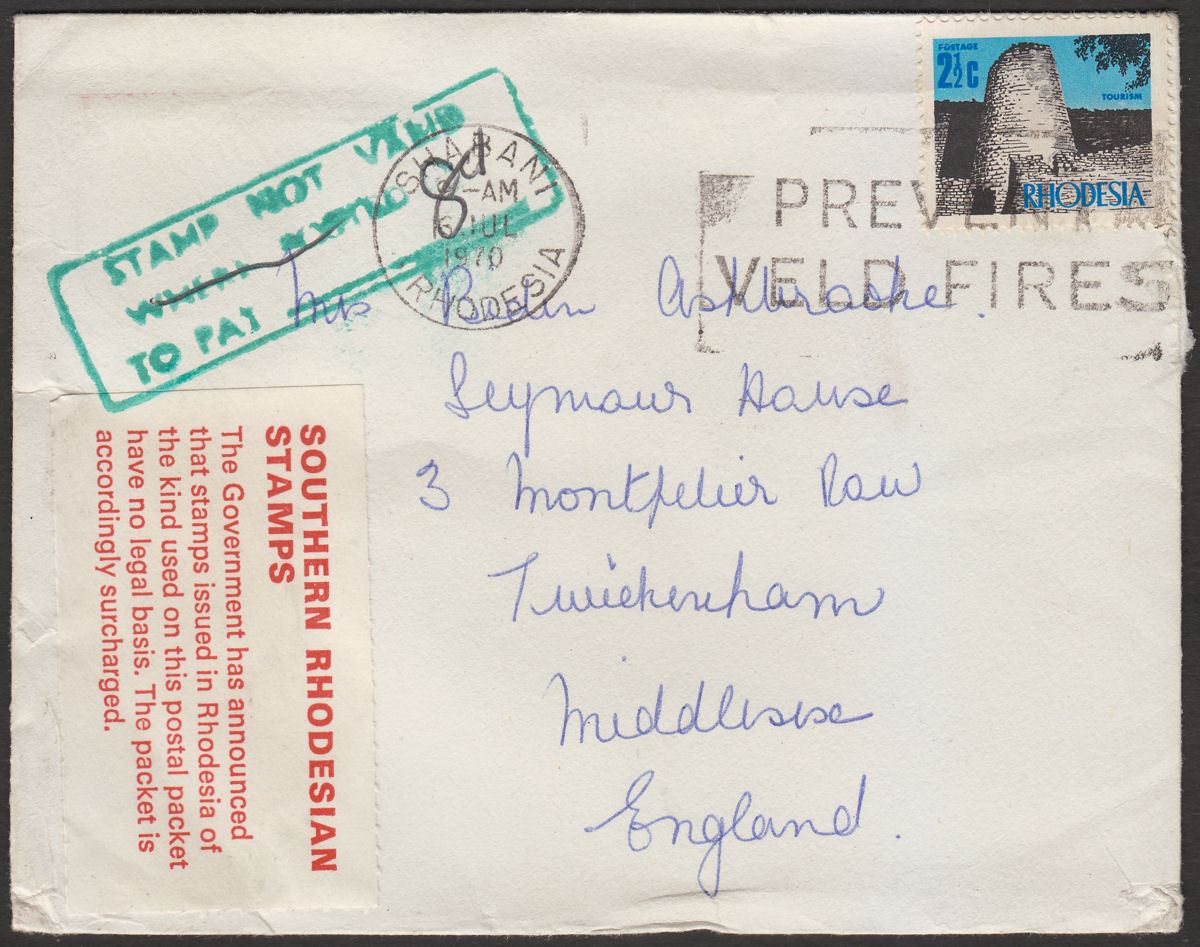 Rhodesia 1970 2½c Used on Cover SHABANI to UK Invalid Stamp Label +8d PD Cachet