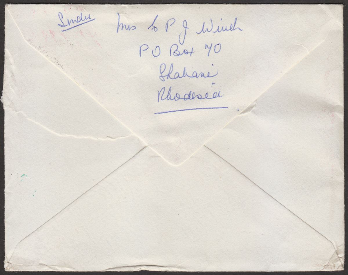 Rhodesia 1970 2½c Used on Cover SHABANI to UK Invalid Stamp Label +8d PD Cachet