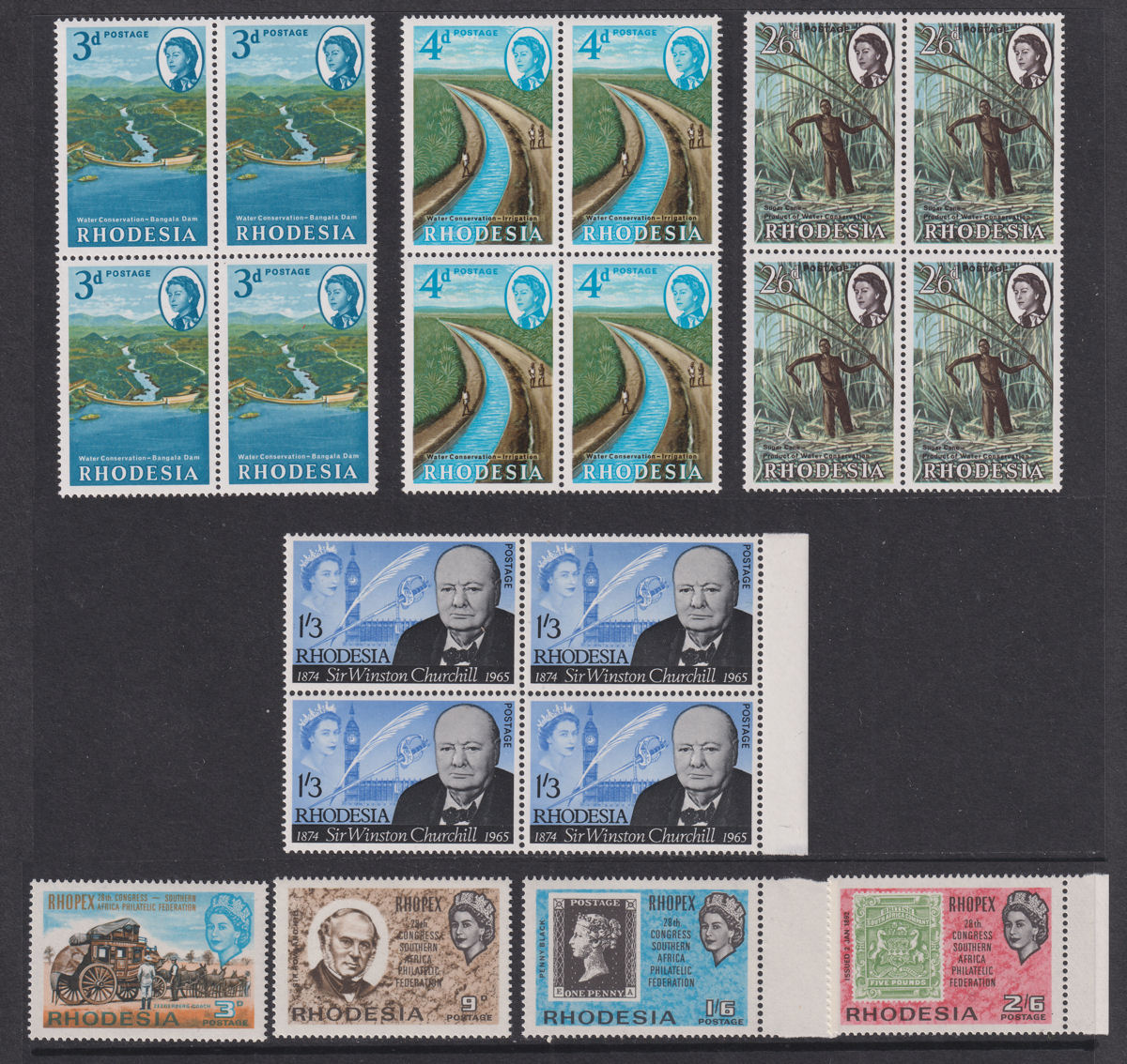 Rhodesia 1965-67 QEII Selection Mint inc Water Conservation, African Airways