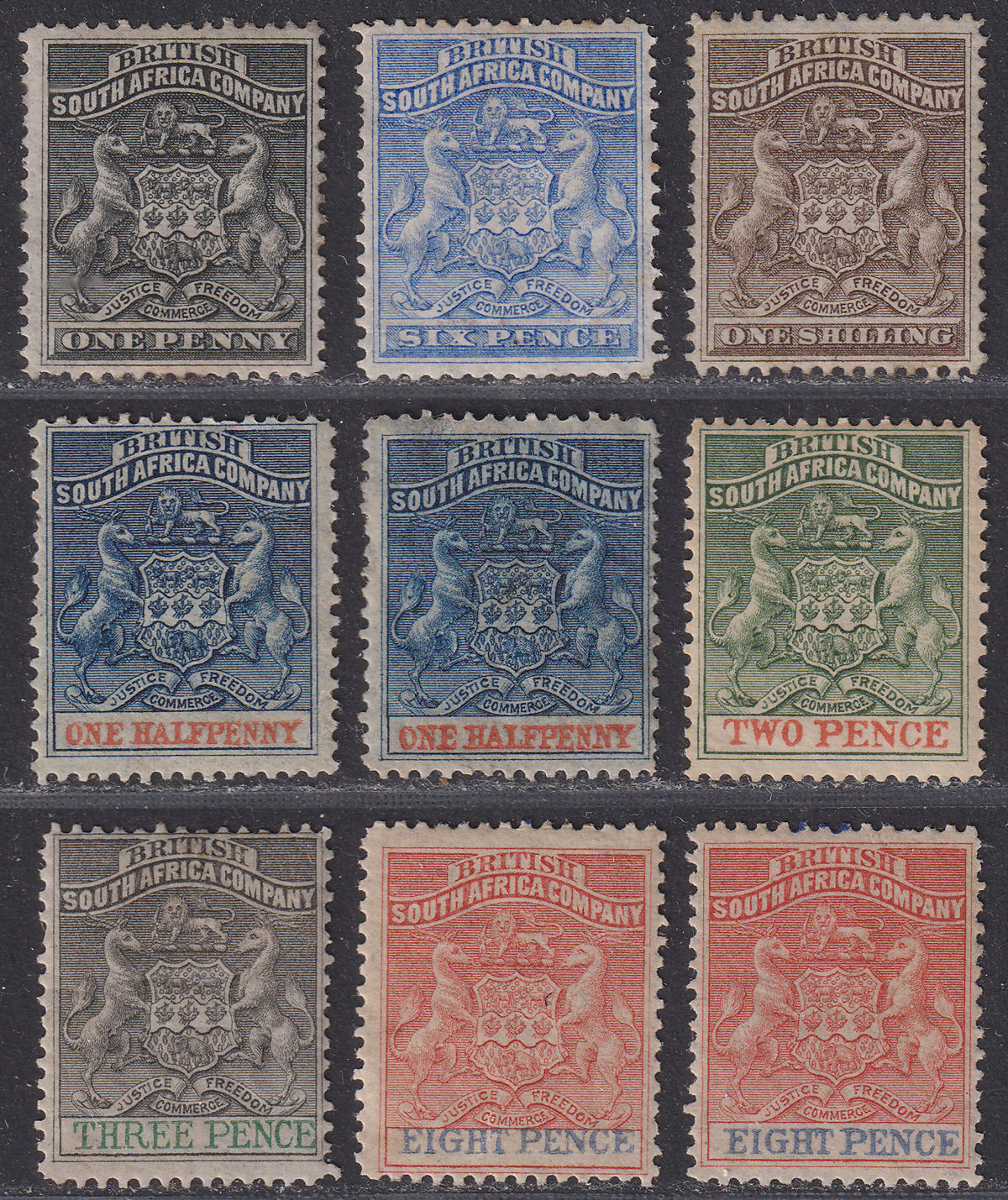 Rhodesia 1892-94 QV BSAC Small Arms Selection to 8d Mint
