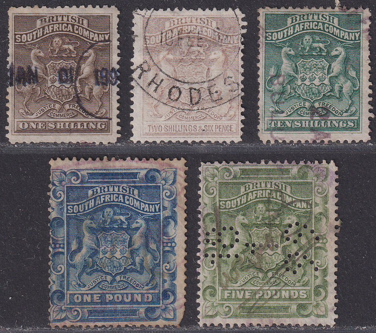 Rhodesia 1892-93 QV BSAC Small Arms Part Set to £5 Fiscally Used