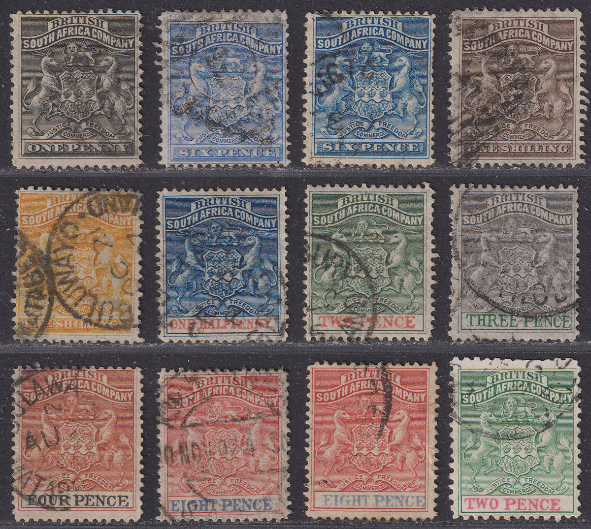 Rhodesia 1892-95 QV BSAC Small Arms Selection to 5sh Used