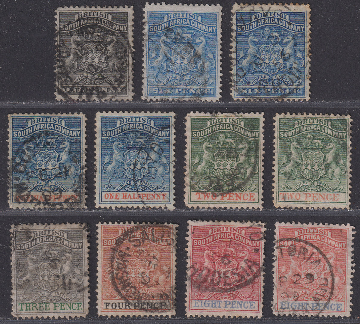 Rhodesia 1892-94 QV BSAC Small Arms Selection to 8d Used