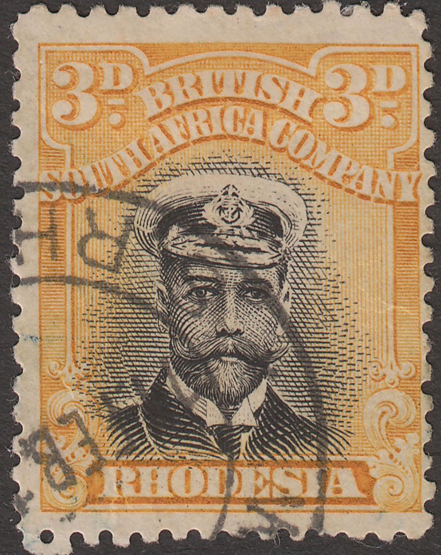 Rhodesia 1913 KGV Admiral 3d Black and Yellow Die I p14 Used SG210