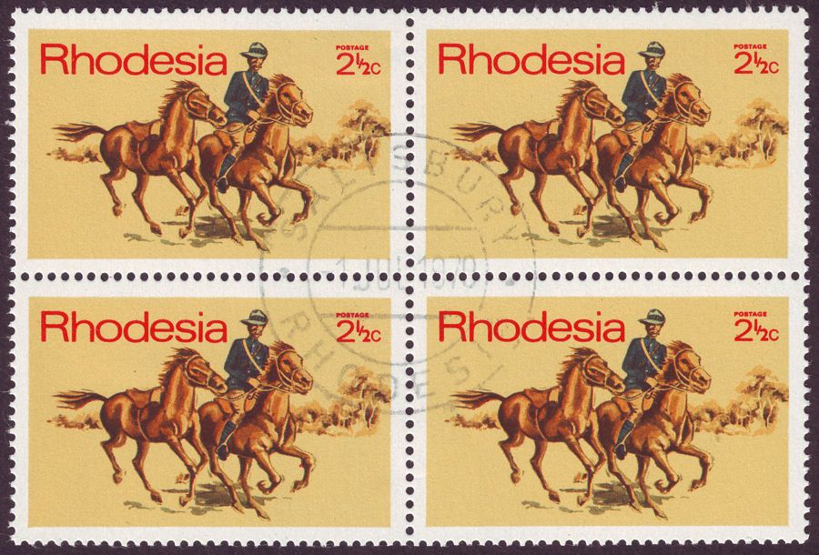 Rhodesia 1970 Posts and Telecoms 2½c Four Block Variety 'Bleeding Leg' SG453var