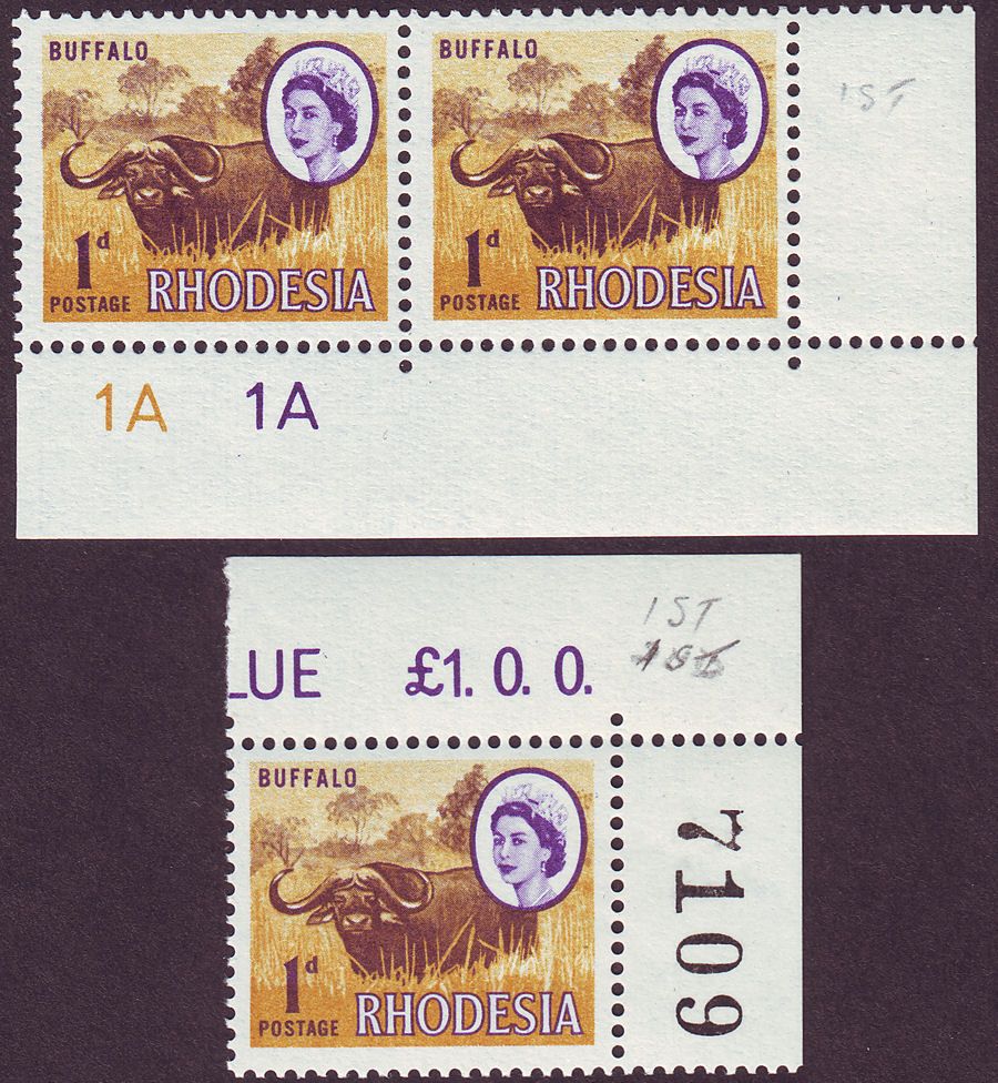 Rhodesia 1966 QEII Mardon Printing 1d Cylinder 1A Mint Pair