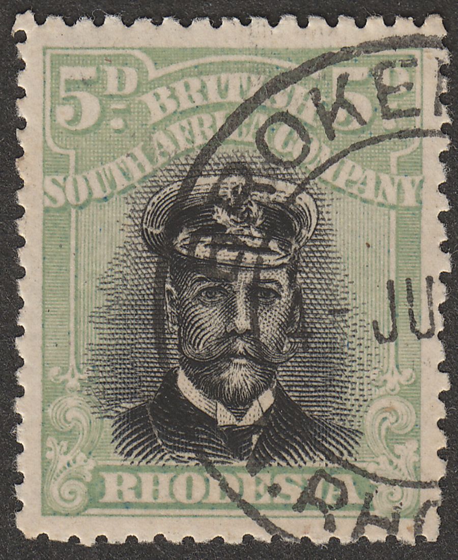 Rhodesia 1913 KGV Admiral 5d Black and Pale Green Die III p14 Used SG263