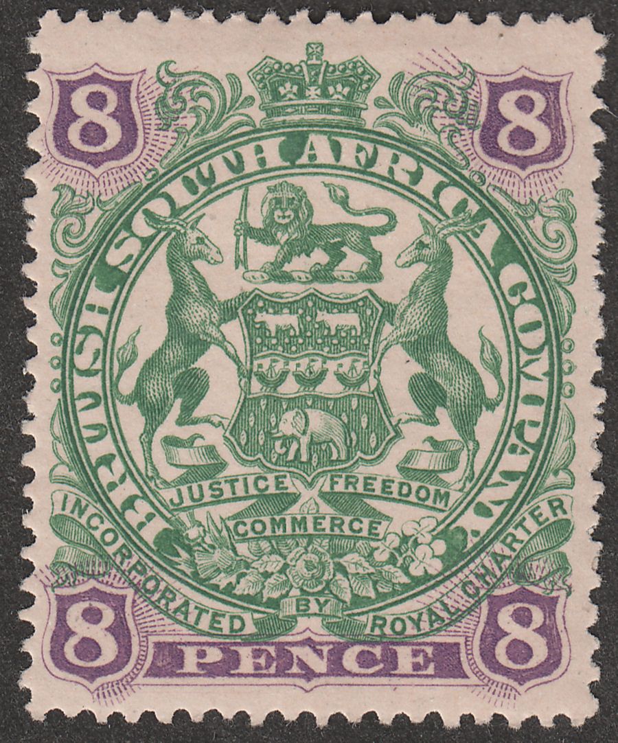 Rhodesia 1897 BSAC Large Arms 8d Green and Mauve on Buff Mint SG72