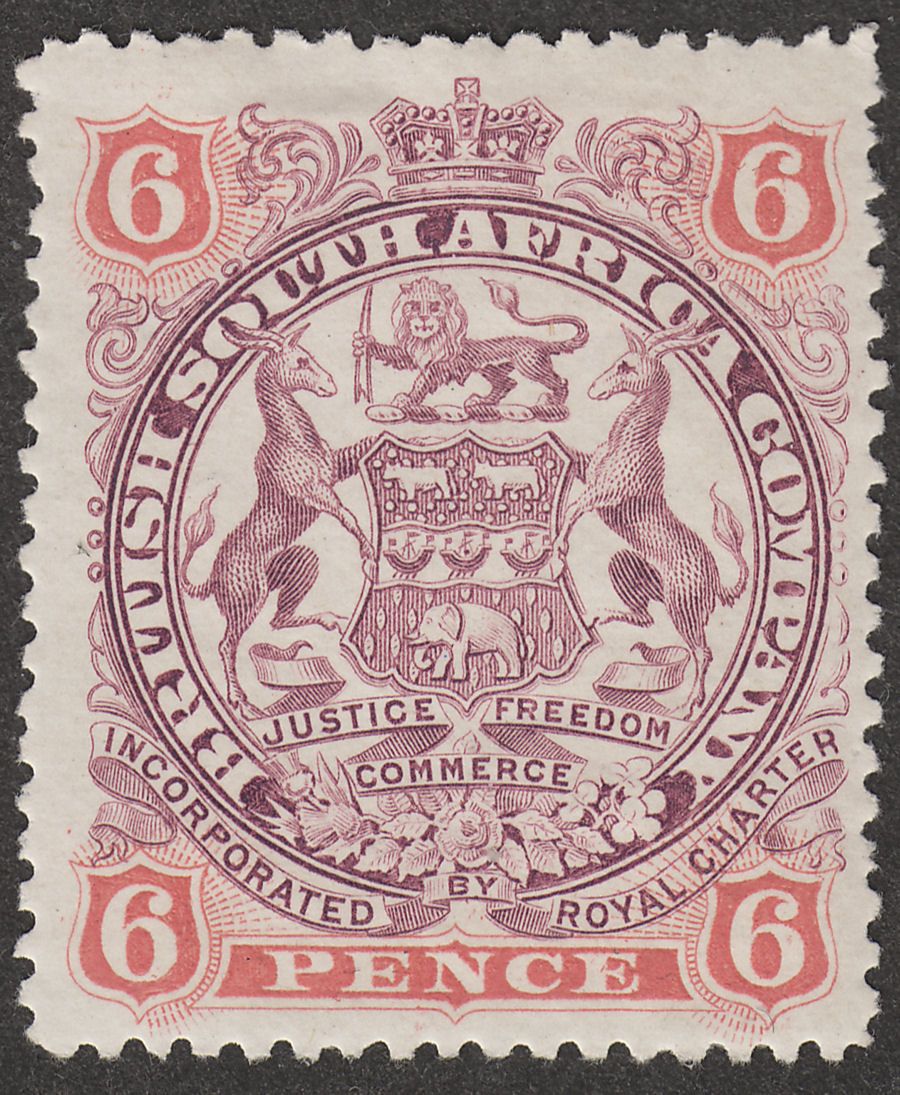 Rhodesia 1897 QV BSAC Large Arms 6d Dull Purple and Pink Mint SG71