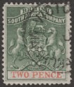 Click for more photos and details Rhodesia 1892 BSAC Bi Coloured Arms 2d Deep Dull Green and Vermilion Used SG20