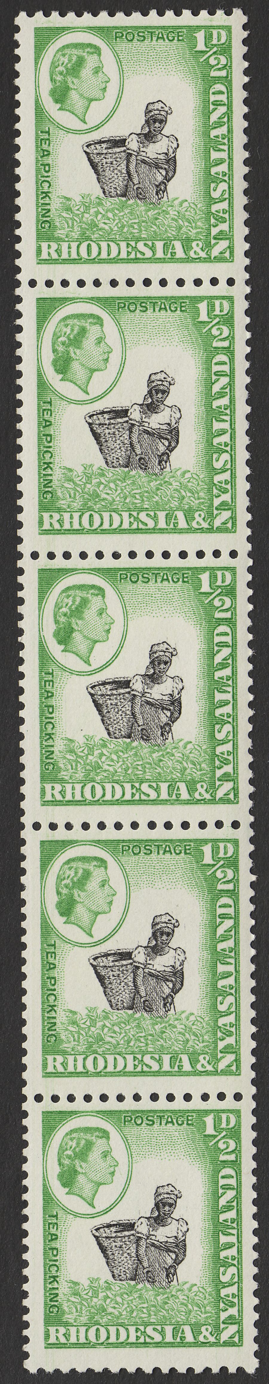 Rhodesia & Nyasaland 1959 QEII ½d Coil Perf Strip of 5 Mint SG18a