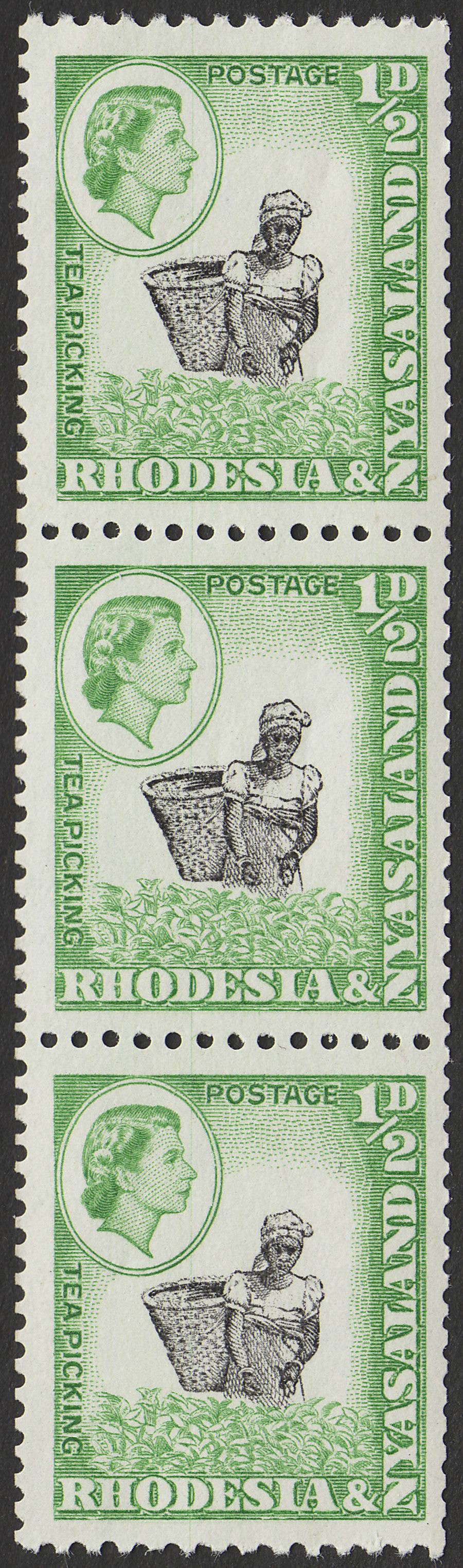 Rhodesia & Nyasaland 1959 QEII ½d Coil Perf Strip of 3 Mint SG18a