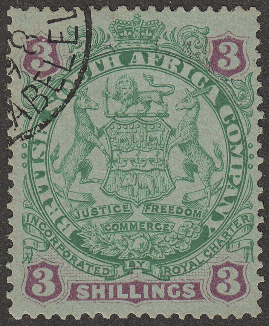 Rhodesia 1896 QV BSAC Large Arms 3sh Green and Mauve on Blue Used SG36
