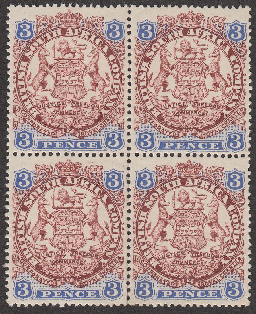 Rhodesia 1896 BSAC Large Arms 3d Chocolate and Ultramarine Block of 4 Mint SG31