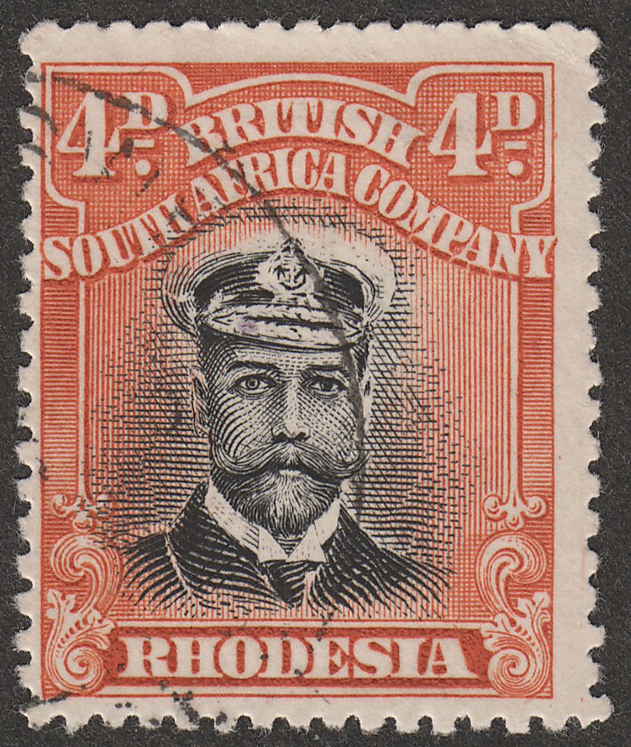Rhodesia 1913 KGV Admiral 4d Black and Orange-Red Die I p15 Used SG216