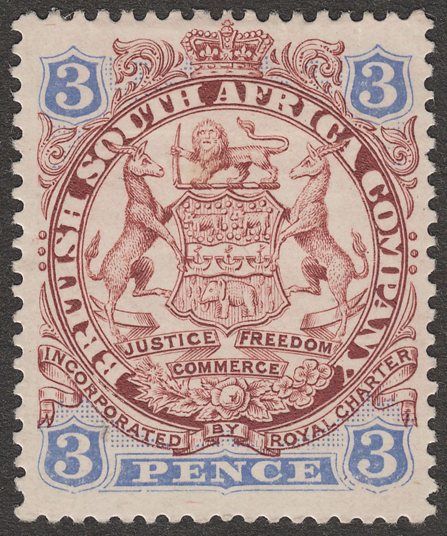 Rhodesia 1896 QV BSAC Large Arms 3d Chocolate and Ultramarine Mint SG31