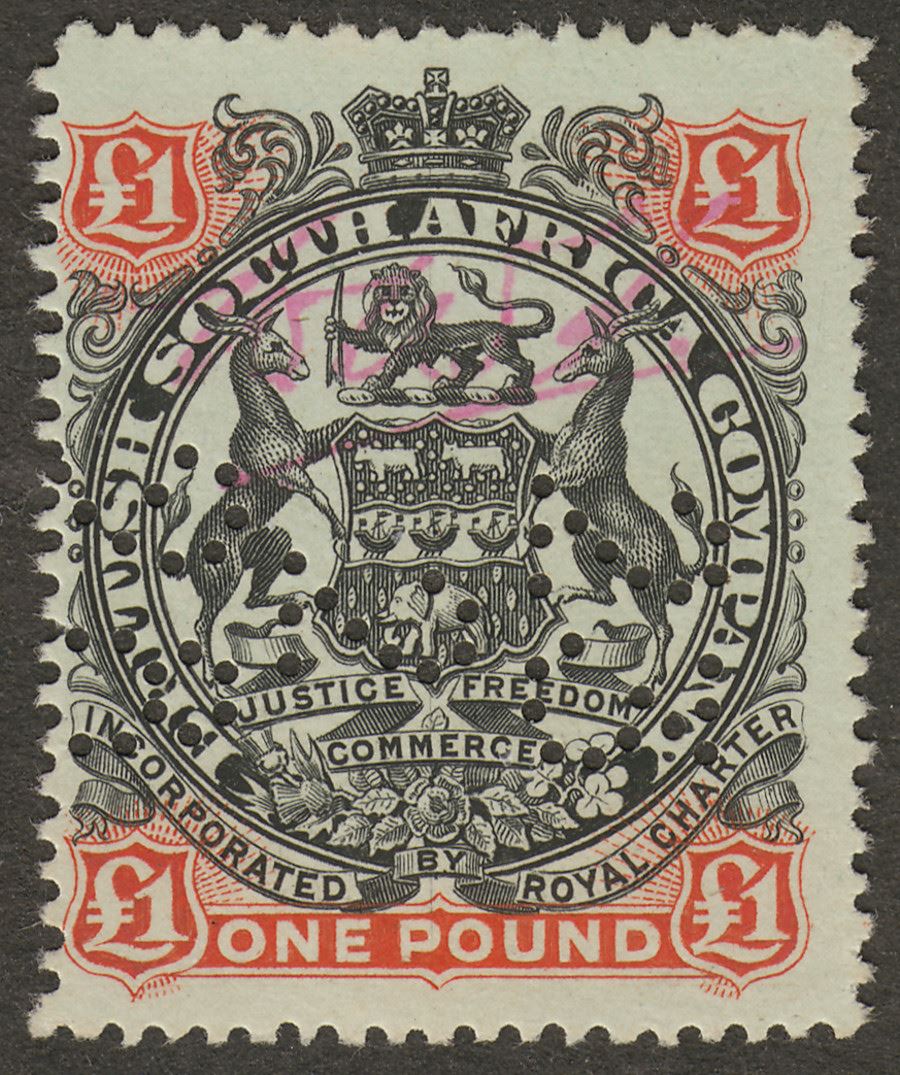Rhodesia BSAC 1897 Large Arms QV £1 Used SG73 with Fiscal Date Perfin Revenue