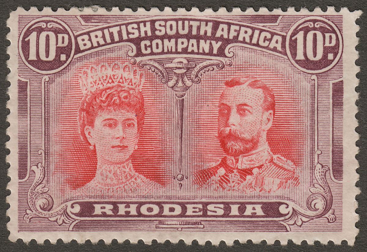Rhodesia 1910 KGV Double Head 10d Scarlet and Reddish Mauve Mint SG149 cat £50