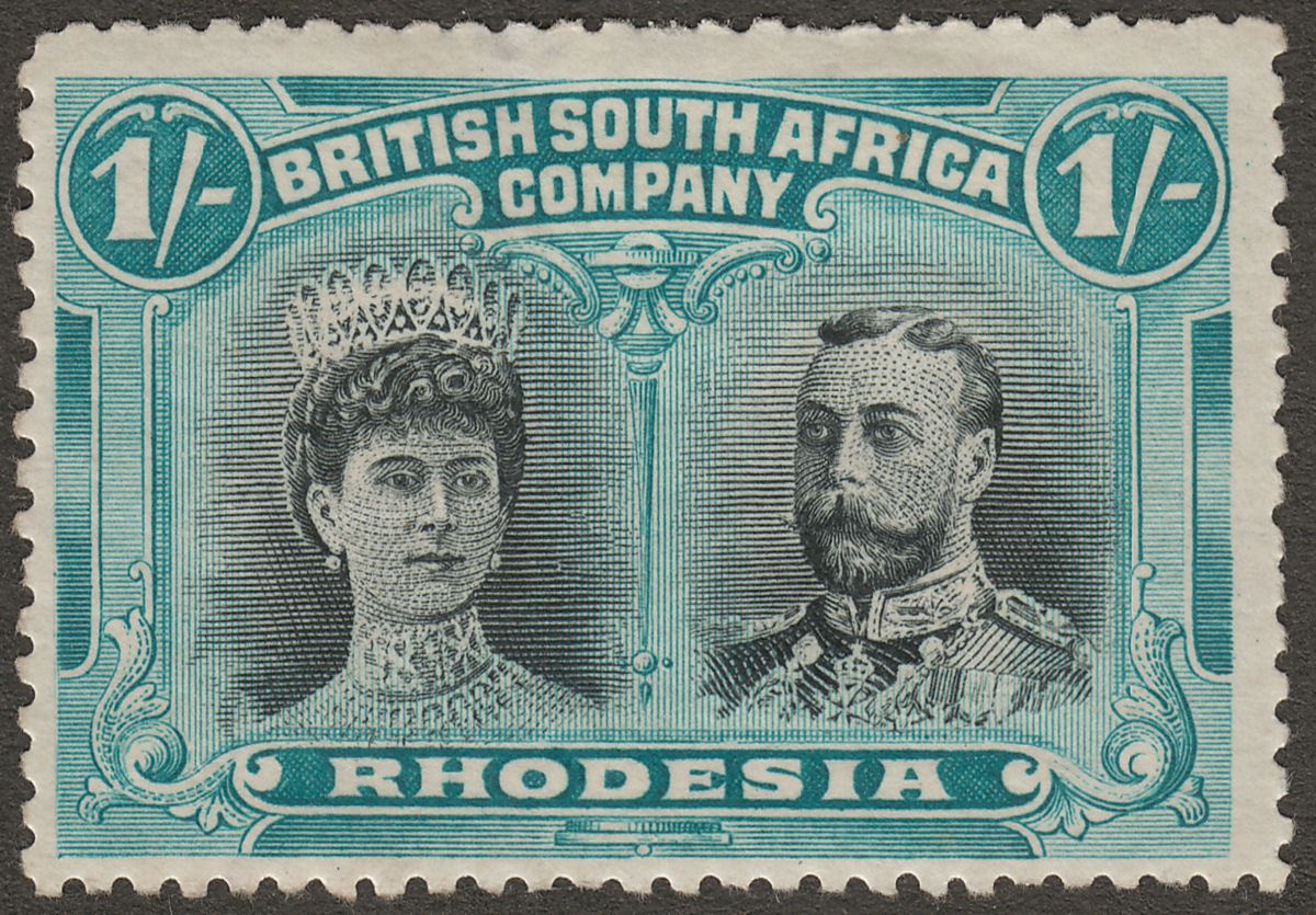Rhodesia 1910 KGV Double Head 1sh Black and Blue-Green Mint SG151 thin