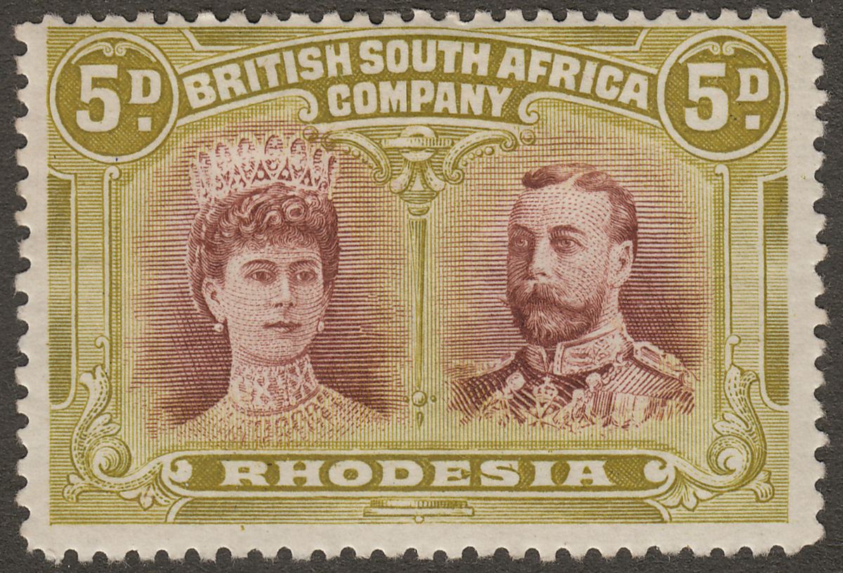 Rhodesia 1910 KGV Double Head 5d Purple-Brown + Olive-Green Mint SG141 cat £65