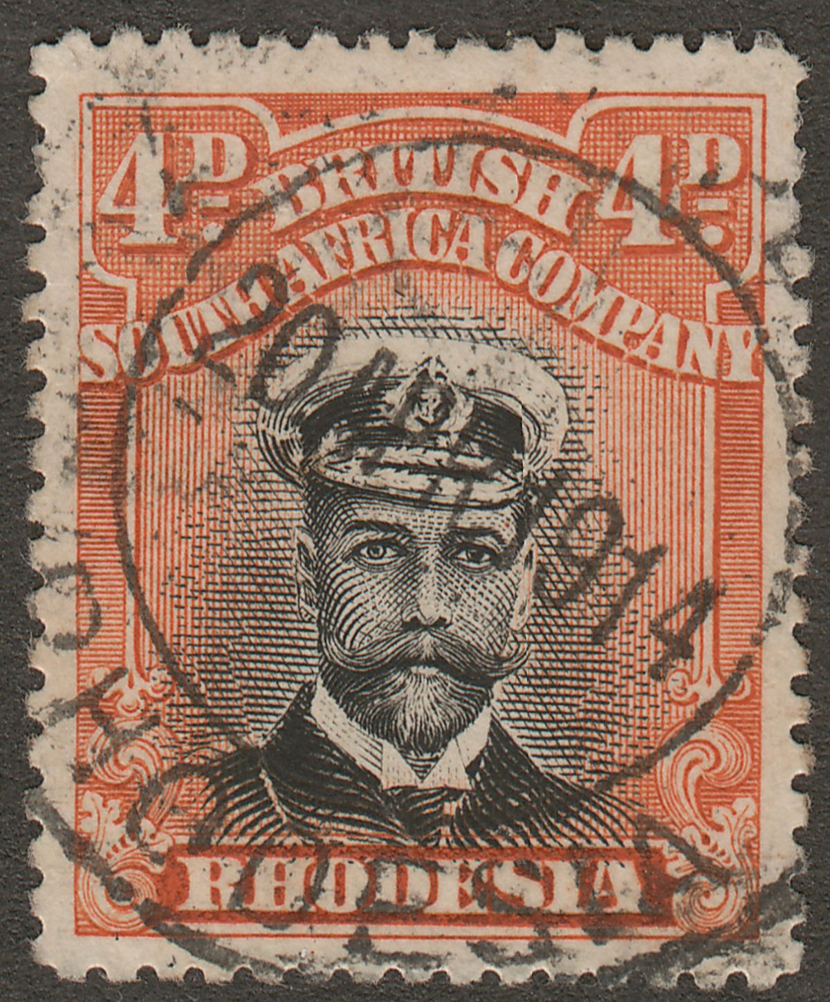 Rhodesia 1913 KGV Admiral 4d Black and Orange-Red Die I p15 Used SG216