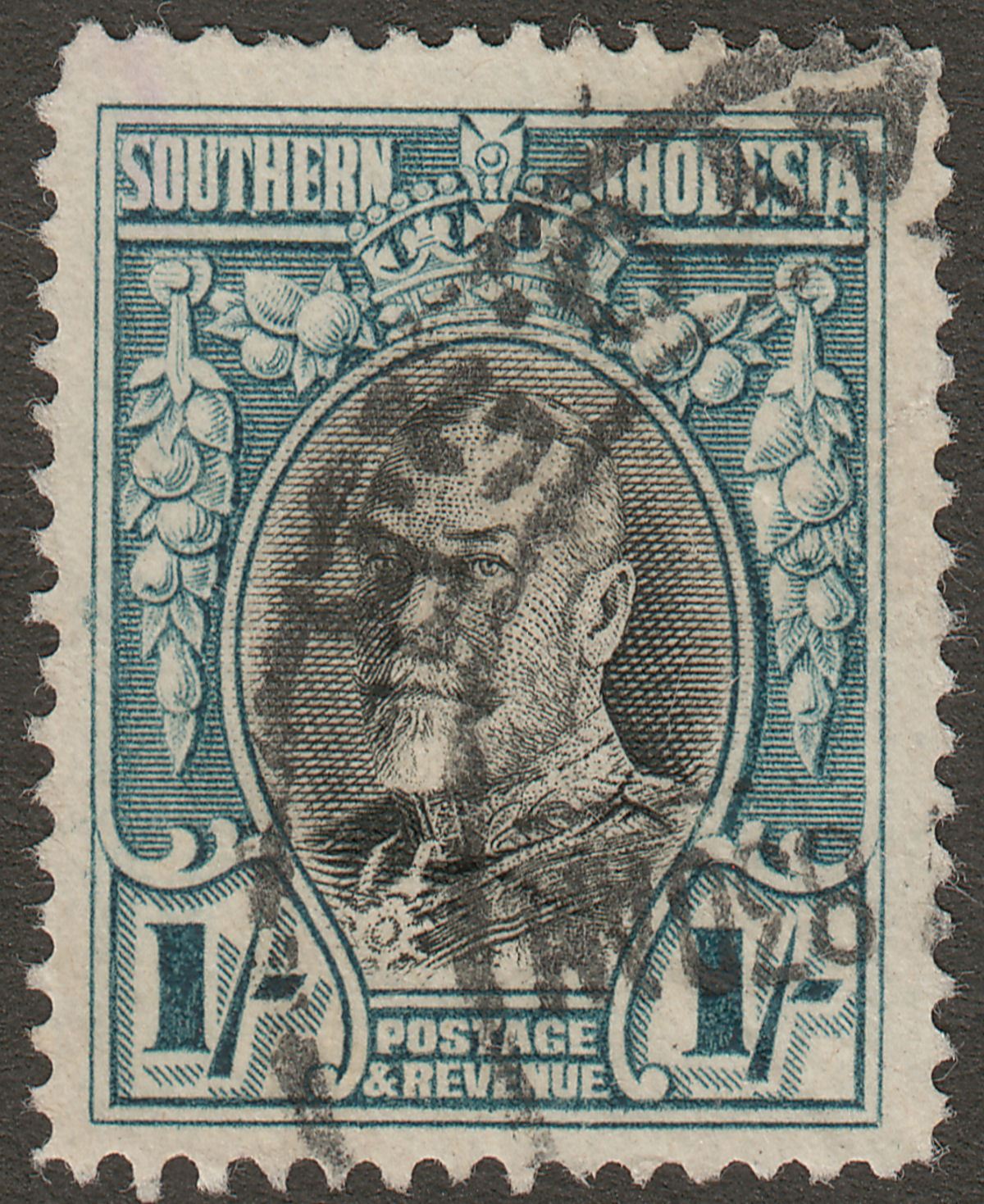 Southern Rhodesia 1937 KGV Field Marshal 1sh Black + Green Blue p14 Used SG23b